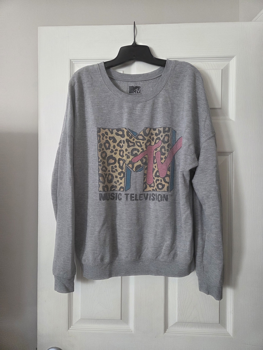 MTV Leopard Logo Crewneck Sweatshirt - Gray with Pink & Tan Print